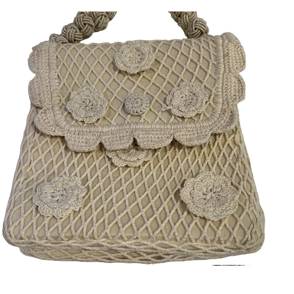 For Love & Lemons Romantic Coquette Knit Crochet Purse Cream Rosettes Cottage